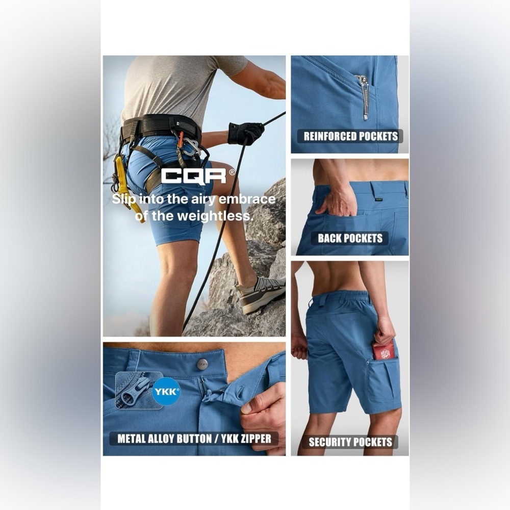 CQR Men's Quick Dry Stretch Hiking Cargo Shorts, Lightweight Water Resistant - Picture 4 of 10